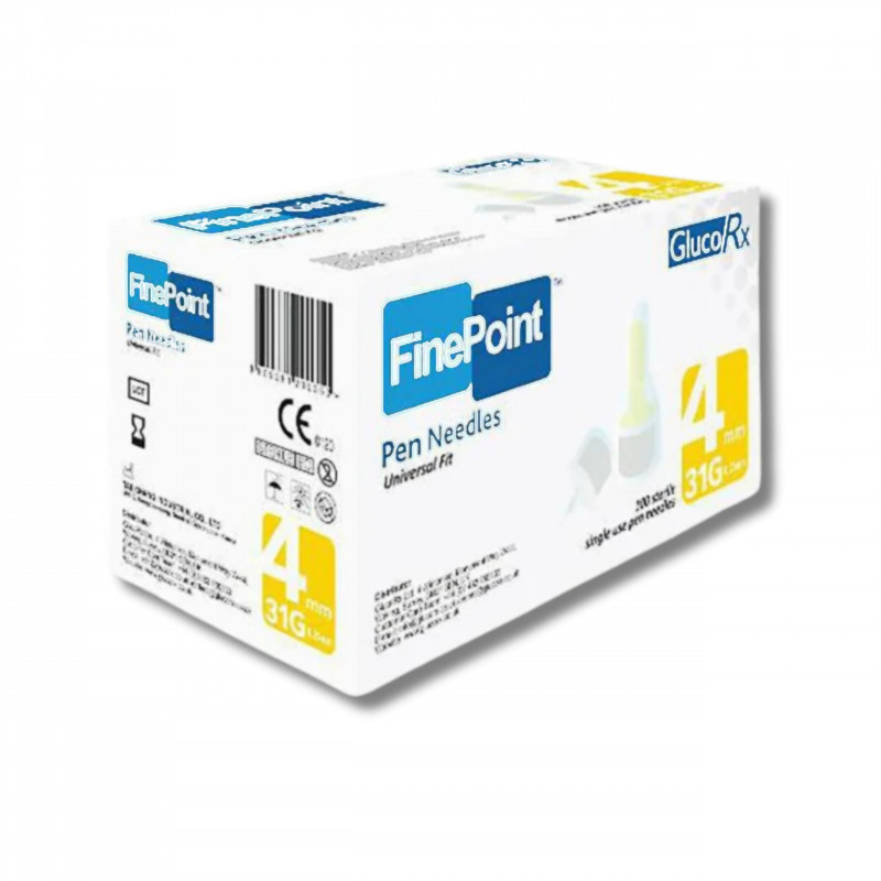 GlucoRx FinePoint 4mm / 31G Diabetic Pen Needles - Pack of 100 Needles for Precision