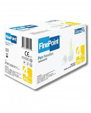 GlucoRx FinePoint 4mm / 31G Diabetic Pen Needles - Pack of 100 Needles for Precision